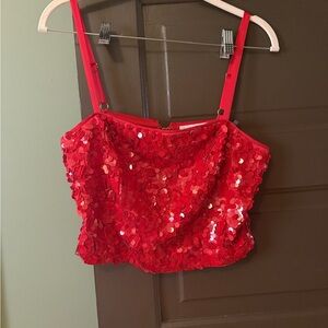 Ramy Brook Red Sequin Embellished Crop Top with Gold Zipper